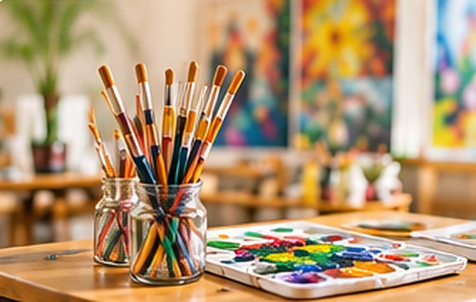 Paint brushes in glass jars beside a watercolour palette