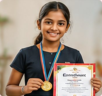 Student holding a certificate and medal