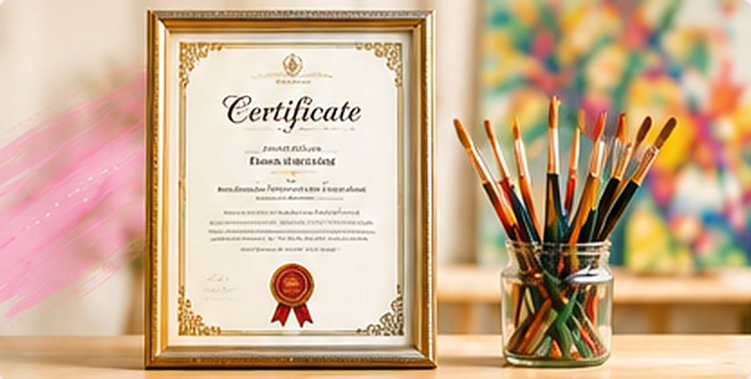 Framed certificate beside a jar of paint brushes