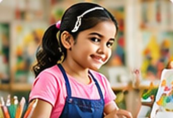 Young girl in an apron drawing at the studio