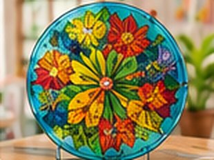 Round glass painting of colourful flowers