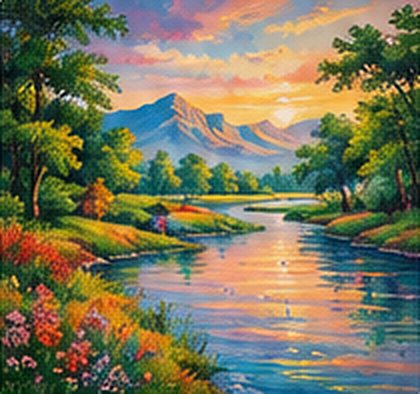 Acrylic landscape of a river winding through trees at sunset
