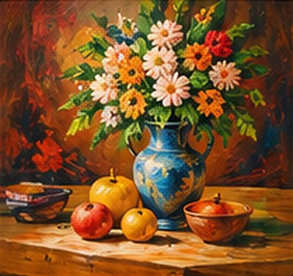 Oil still life of flowers in a blue vase with fruit
