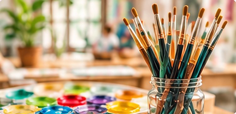 Paint brushes in a jar beside pots of colourful paint