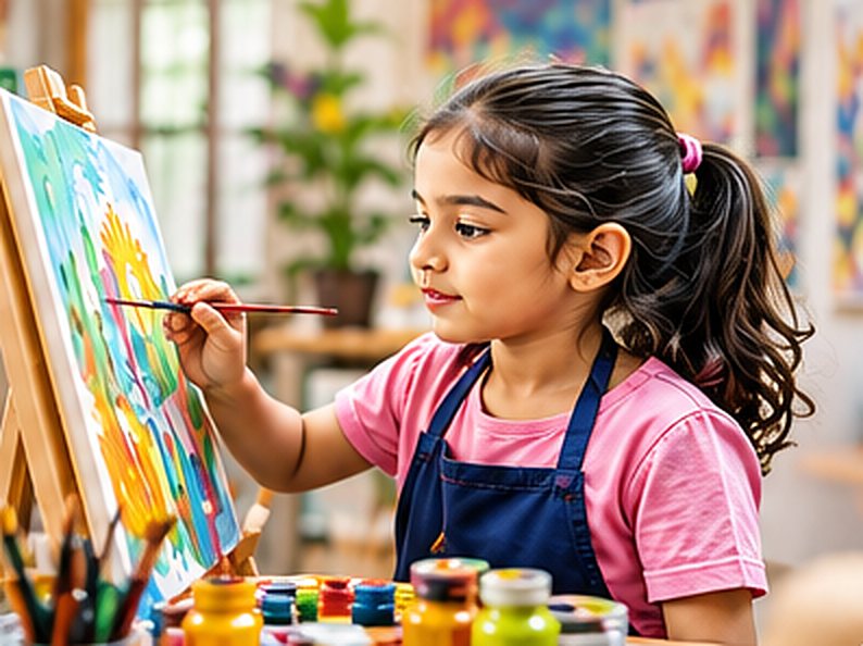 Young girl painting a colourful canvas on an easel in the Kalalaya studio